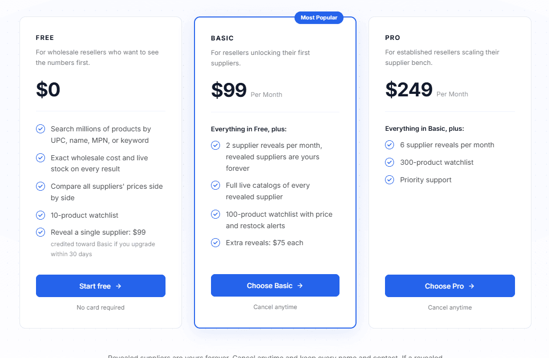 B2B Supplier Hub pricing plans showing Free, Basic at 99 dollars, and Pro at 249 dollars with reveals included