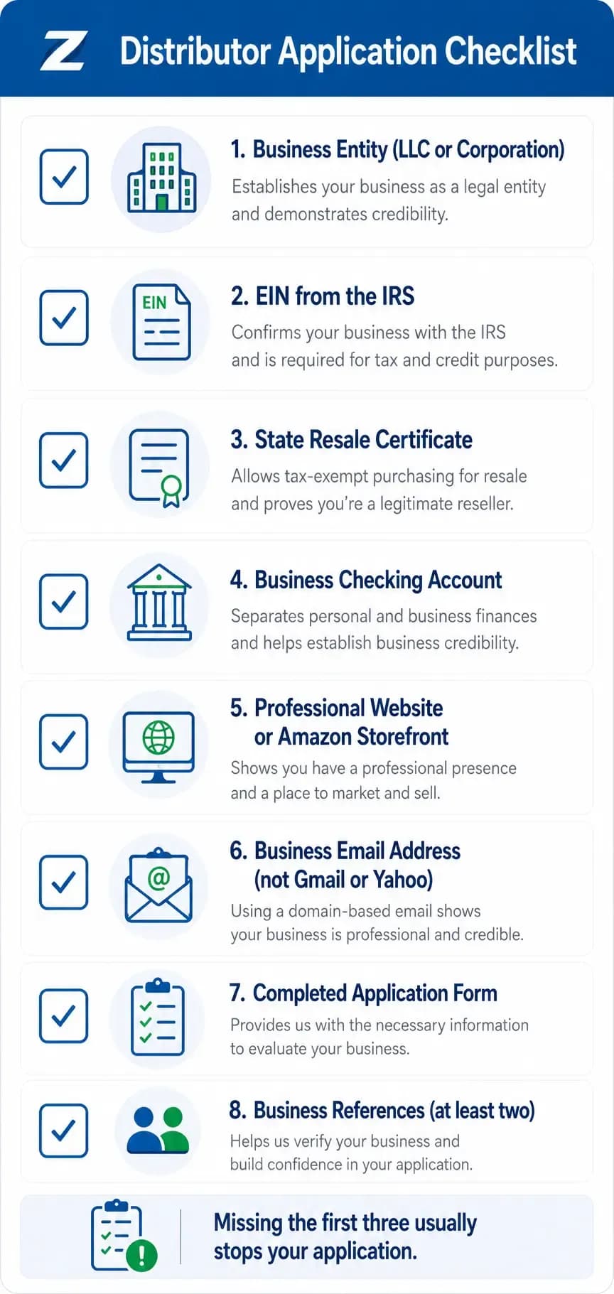 Wholesale distributor application checklist showing eight requirements Amazon sellers need before applying for a distributor account